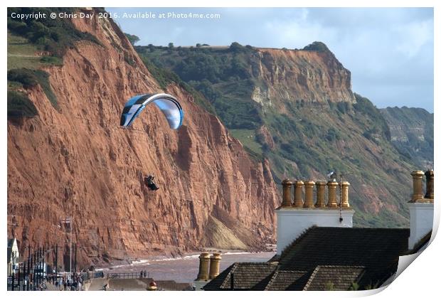 Paraglider over Sidmouth  Print by Chris Day