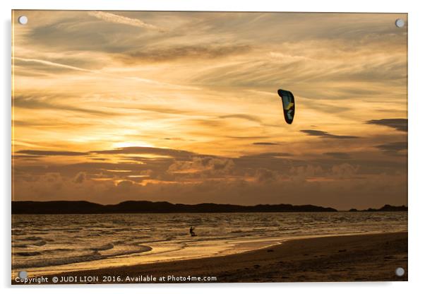 Kite surfer riding along the tideline at sunset Acrylic by JUDI LION