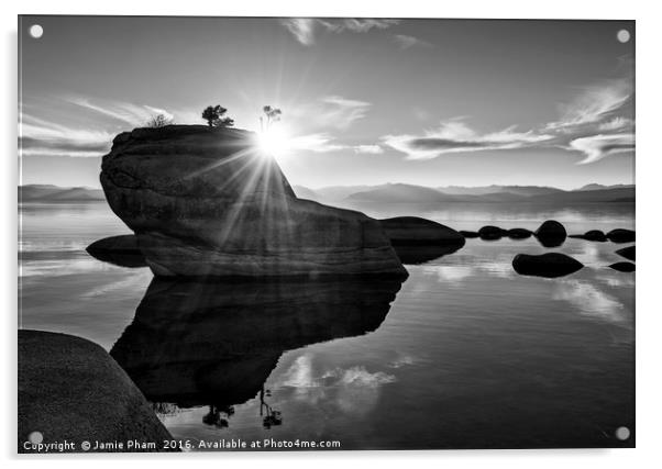 Dramatic view of Bonsai Rock in Lake Tahoe. Acrylic by Jamie Pham
