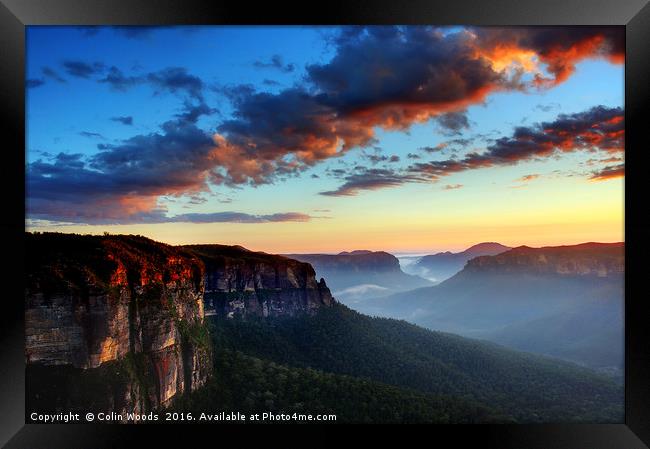 Dawn on the Blue Mountains in Australia Framed Print by Colin Woods