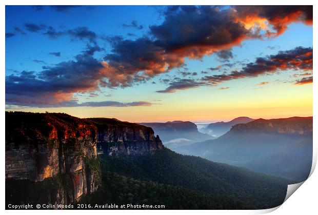 Dawn on the Blue Mountains in Australia Print by Colin Woods