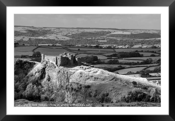 Carreg Cennen Castle Monochrome Framed Mounted Print by Nick Jenkins