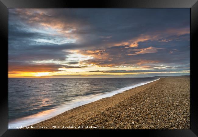 Sunset at Chesil Beach in Dorset Framed Print by Heidi Stewart