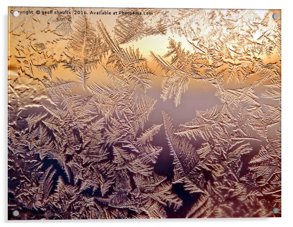 Norwegian sunset through frosted cabin window Acrylic by geoff shoults
