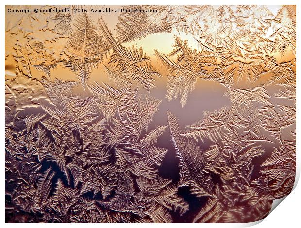 Norwegian sunset through frosted cabin window Print by geoff shoults