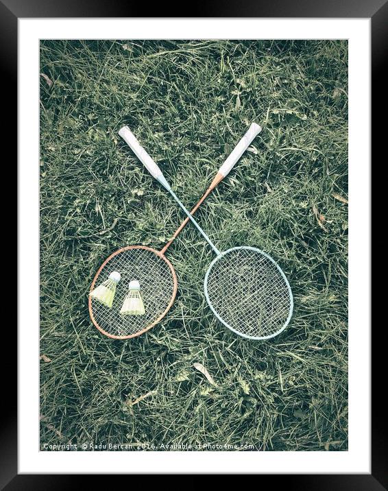 Badminton Racket And Shuttlecock Equipment In Gras Framed Mounted Print by Radu Bercan
