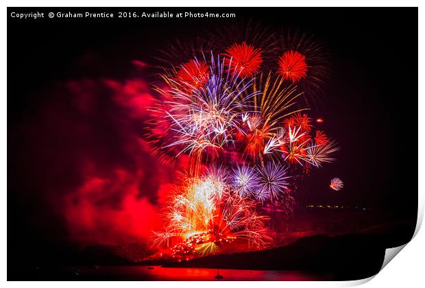 Spectacular fireworks over Santorini Print by Graham Prentice