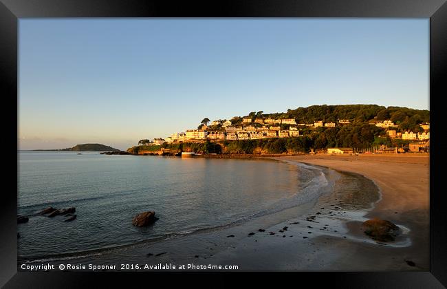 Golden light on Looe Town Beach just after sunrise Framed Print by Rosie Spooner