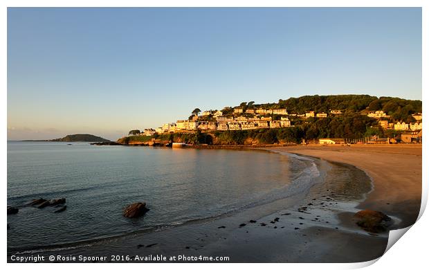 Golden light on Looe Town Beach just after sunrise Print by Rosie Spooner