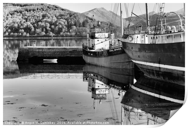 Clyde puffer Vital Spark at Inveraray Pier mono Print by Angus McComiskey