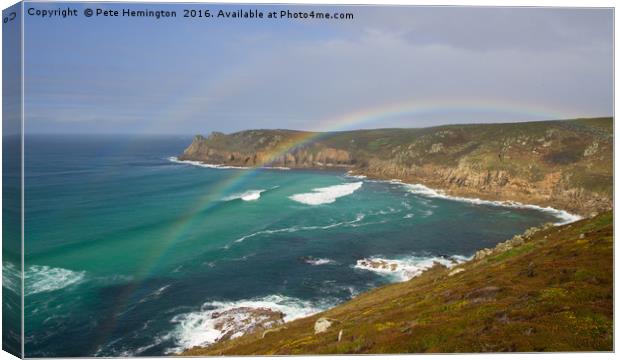 Rainbow over Nanjizal Bay in Cornwall Canvas Print by Pete Hemington