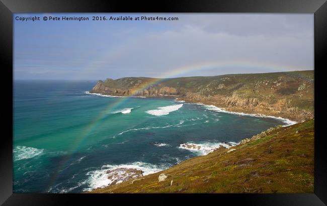 Rainbow over Nanjizal Bay in Cornwall Framed Print by Pete Hemington