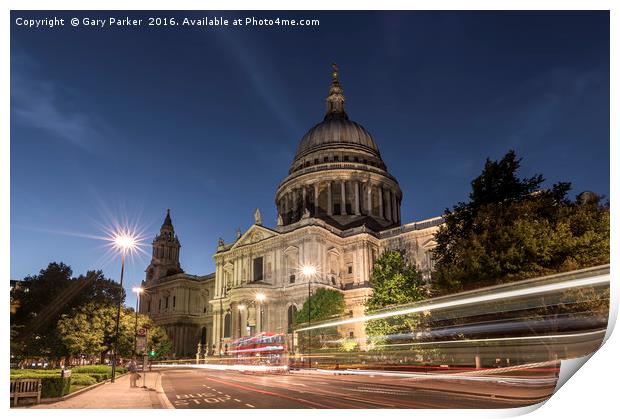 Light Trails past St. Paul's Cathedral, London Print by Gary Parker