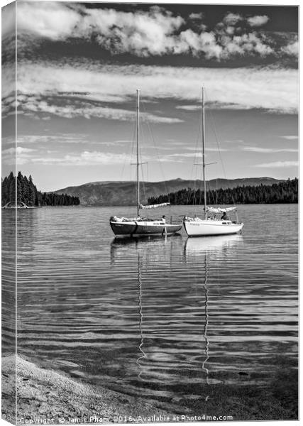 Boats on a beautiful calm day in Lake Tahoe. Canvas Print by Jamie Pham