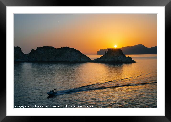 Boat moves on the sea in Santa Ponsa in Majorca at Framed Mounted Print by Andrei Bortnikau