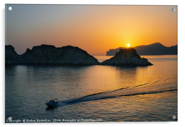 Boat moves on the sea in Santa Ponsa in Majorca at Acrylic by Andrei Bortnikau