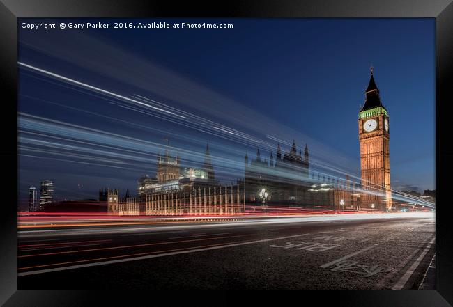 Westminster Bridge, London, at night, with traffic Framed Print by Gary Parker