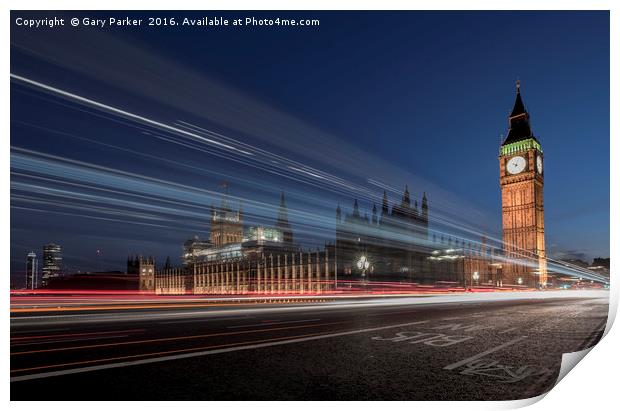 Westminster Bridge, London, at night, with traffic Print by Gary Parker