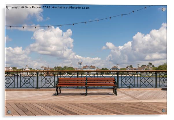 Single public bench on a boardwalk Acrylic by Gary Parker