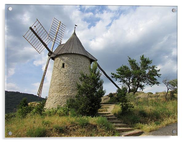 Old Windmill at Cucugnan, France Acrylic by Jacqi Elmslie