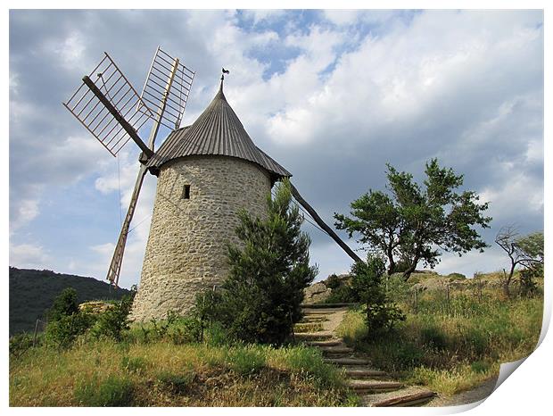 Old Windmill at Cucugnan, France Print by Jacqi Elmslie