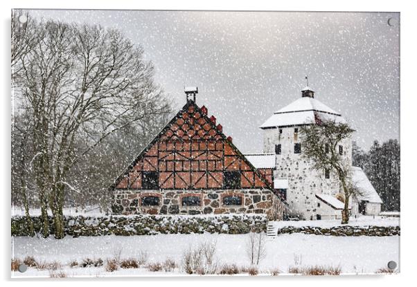 Hovdala Castle Gatehouse and Stables in Winter Acrylic by Antony McAulay