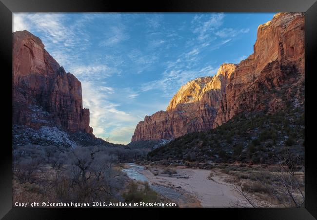 Zion Valley at Sunrise Framed Print by jonathan nguyen