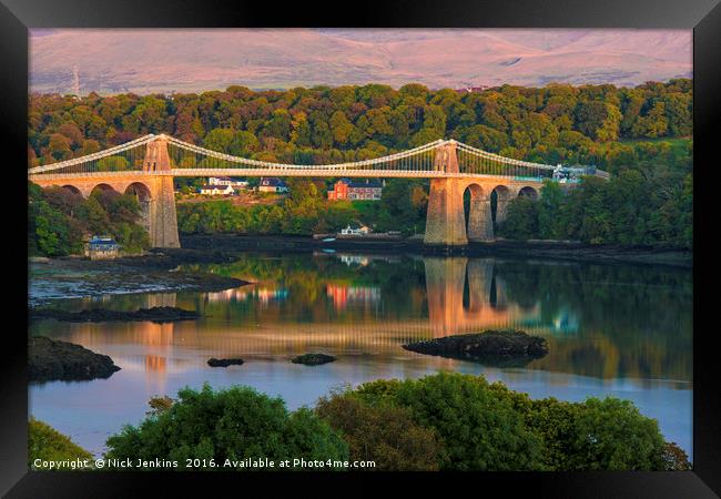 Sunset on the Menai Bridge from Anglesey Framed Print by Nick Jenkins