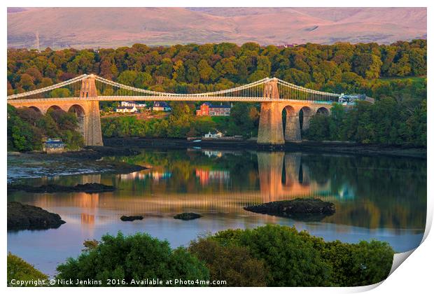 Sunset on the Menai Bridge from Anglesey Print by Nick Jenkins
