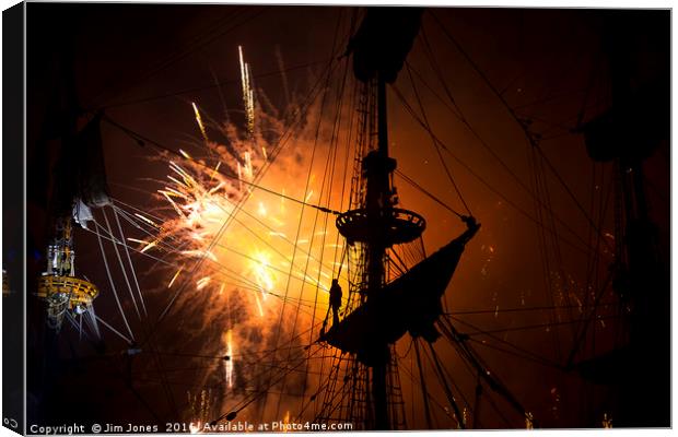 Fireworks and Tall Ships 2 Canvas Print by Jim Jones