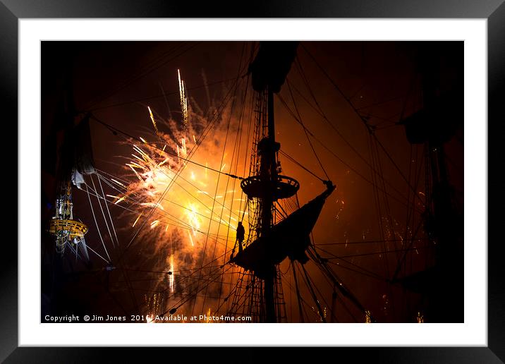 Fireworks and Tall Ships 2 Framed Mounted Print by Jim Jones