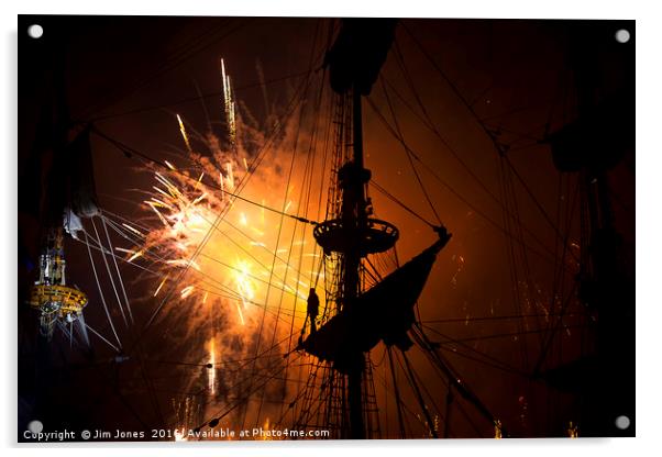 Fireworks and Tall Ships 2 Acrylic by Jim Jones