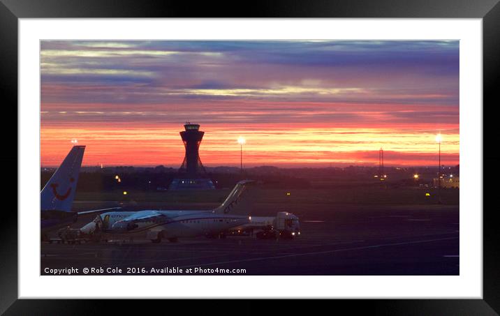 A fiery dawn at Newcastle Airport Framed Mounted Print by Rob Cole