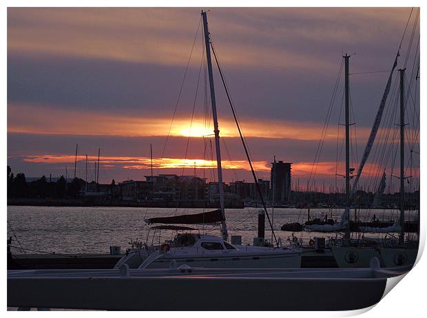 Yachts at sunset Print by Donna Collett