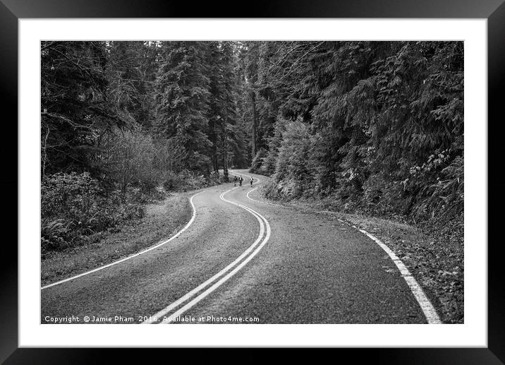 Hikers walking along a deserted road in the Hoh Ra Framed Mounted Print by Jamie Pham