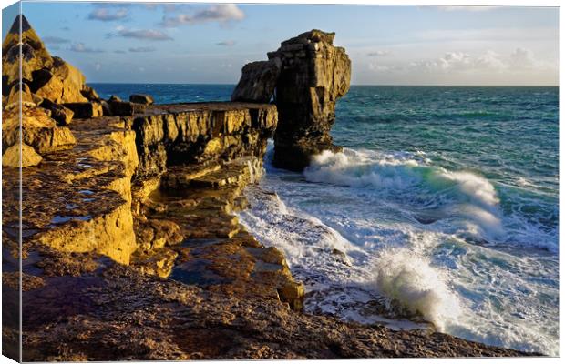 Pulpit Rock and stormy seas                        Canvas Print by Darren Galpin