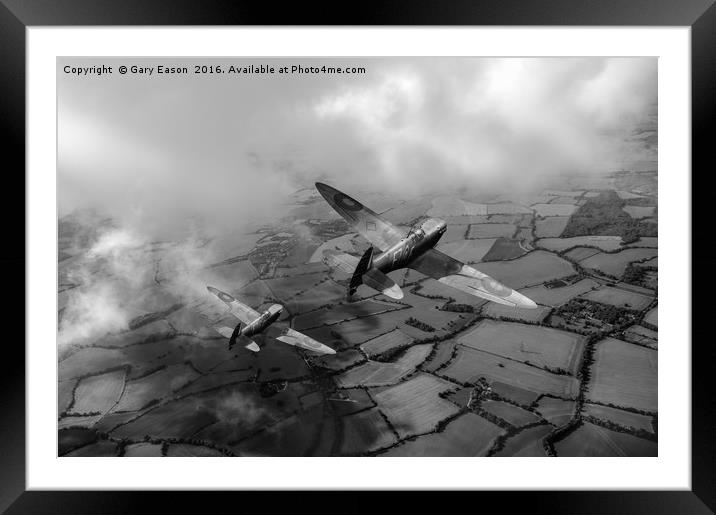 Spitfires among low clouds B&W version Framed Mounted Print by Gary Eason