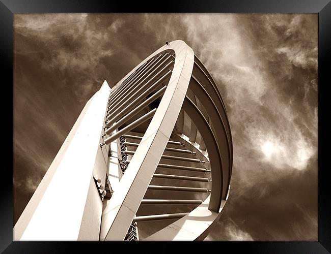 Spinnaker Tower - Close side view in sepia Framed Print by Donna Collett