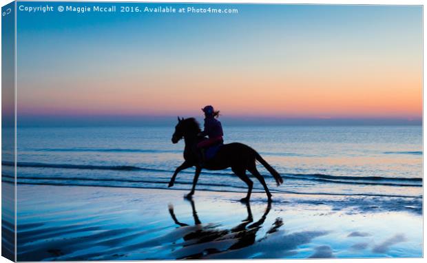 Silhouette of Horse and rider on Beach at sunset Canvas Print by Maggie McCall
