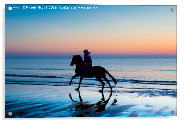 Silhouette of Horse and rider on Beach at sunset Acrylic by Maggie McCall