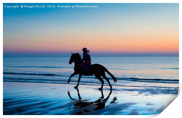 Silhouette of Horse and rider on Beach at sunset Print by Maggie McCall