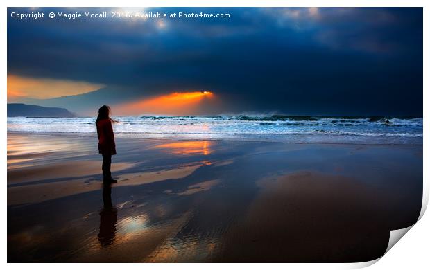 A dramatic windy sunset Widemouth Beach, Cornwall Print by Maggie McCall