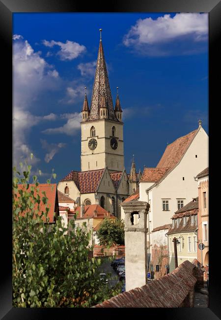 Evangelical Cathedral Sibiu Romania tower on inten Framed Print by Adrian Bud