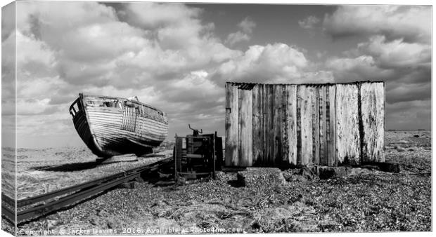 Derelict Fishing Boat at Dungeness Beach Canvas Print by Jackie Davies