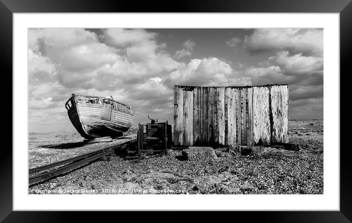 Derelict Fishing Boat at Dungeness Beach Framed Mounted Print by Jackie Davies