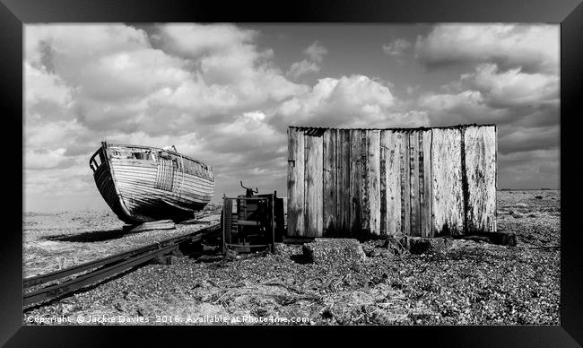 Derelict Fishing Boat at Dungeness Beach Framed Print by Jackie Davies