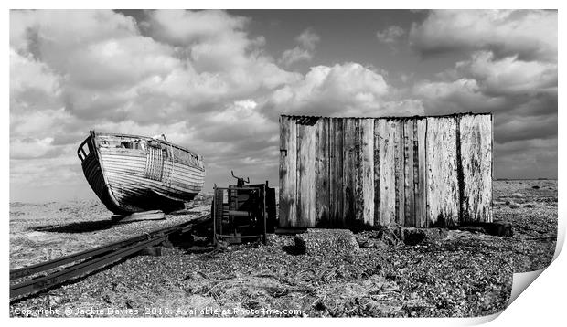 Derelict Fishing Boat at Dungeness Beach Print by Jackie Davies