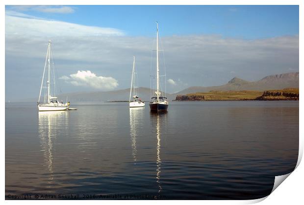 Yachts at anchor in Canna Harbour Print by Adrian Snowball
