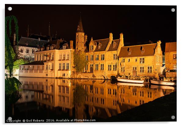 Bruges night scene Acrylic by Gwil Roberts