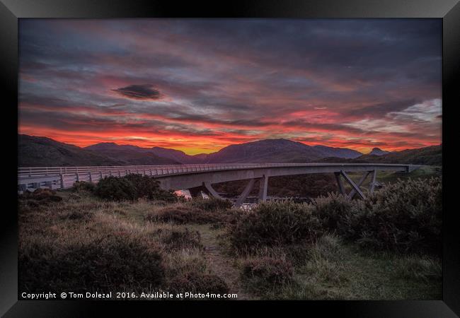  Kylesku bridge fiery sunrise Framed Print by Tom Dolezal